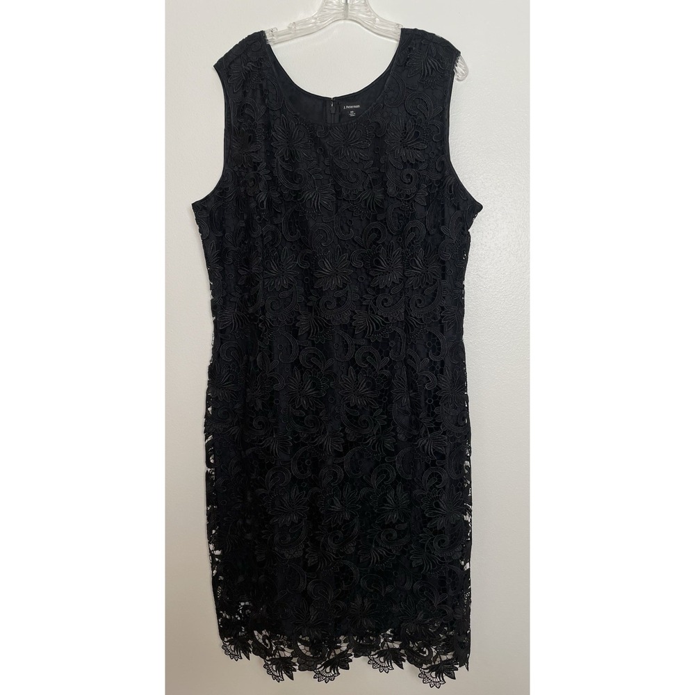 J Peterman Black Lace Dress 20 Sleeveless Floral Overlay Shift Lined Cocktail